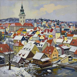 cesky krumlov in winter by jeffrey smith, cubism!!!, 3 d depth, oil on canvas, trending art station, masterpiece