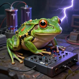 chiaroscuro air brush fantasy hyper realistic photograph, 8 k, majestic frog patching a buchla 2 0 0 e modular synthesizer, powered by tesla coils, dramatic lightning, without artifacts, oddly satisfying cinema 4 d render