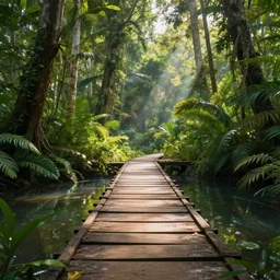 beautiful jungle from first person view, small pond wooden bridge, sun rays, ultra realistic, natural, 8 k render