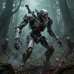 cybernetic warrior mechanical death machine of nightmares in the bog murdering it's foes, bloodlust, slaughter 8 k