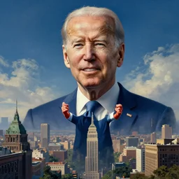 portrait of immense, majestic, surreal, terrifying joe!!!! biden!!! standing triumphant over the city, perfectly clear face, by j. c. leyendecker, bosch, and beksinski