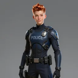 portrait of aman by greg rutkowski, he is about 3 0 years old, copper quiff hair, uncanny smile, very tall and slender, he is wearing a futuristic police gear, highly detailed portrait, digital painting, artstation, concept art, smooth, sharp foccus ilustration, artstation hq