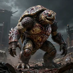 turtle juggernaut monster, bipedal, photorealistic, unreal engine, grimdark, gruesome