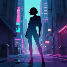 a beautiful and immaculate futuristic city. the silhouette of a stylish beautiful sean young as rachel standing in an alleyway. vaporwave ombre rendering. outrun style. trending on artstation. recommended for you behance. by chris moore. by edward hopper. beeple colors. ambient occlusion. digital matte painting. metropolis filmic. gotham city.