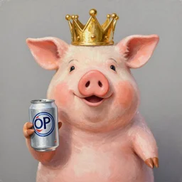 lisa frank action pose pig wearing a gold crown holding pop can painting by android jones