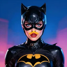A beautiful portrait of a Daria Strokous as Catwoman from Batman with a duck face, digital art by Eugene de Blaas and Ross Tran, vibrant color scheme, highly detailed, in the style of cinematic, artstation, Greg rutkowski