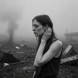 award winning photo of some despair as paul thomas anderson would depict it, she is 2 3, skinny and beautiful and listens to oathbreaker, she is deaf but still hears, photo, black and white, the background is devastated by pollution, insanely detailed, once she dreamt of escaping dreams forever, foggy like in norwegian black metal aesthetic