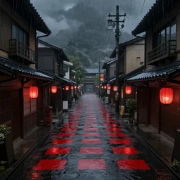 Hyper detailed digital matte painting, Very rainy dark japanese street with red squareds, atmosheric, 120K resolution, photorealism render by Pascal Campion