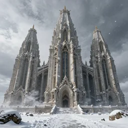 matte painting of uninhabited mos eisley in deep snow with towering skeletal temple architecture designed by hr giger, uninhabited, snowstorm, global illumination, cinematic, volumetric lighting, tom bagshaw, alphonse mucha, light leaks 4 k premiere pro