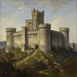 An oil painting of a medieval castle