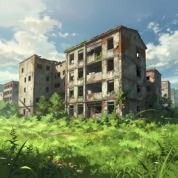 a beautiful photorealistic anime illustration of abandoned building city nature carriage house industrial architecture by kengo kuma, cgsociety fisheye bladerunner 2 0 4 9 meadow dramatic lighting, archdaily, wallpaper, highly detailed, trending on artstation.