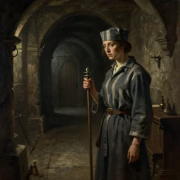 a prisoner lady, detailed interior of dank medieval dungeon, epic atmosphere, by greg rutkowski, by asher brown durand