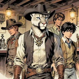 beautiful portrait commission of a male furry anthro albino mountain lion in an old-timey Saloon wearing old-timey clothes. Atmospheric. Character design by charlie bowater, ross tran, artgerm, and makoto shinkai, detailed, inked, western comic book art