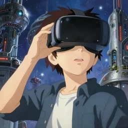 painting of near future technological world, magical realism, screenshot from the Kyoto Animation anime about the boy who wears a virtual reality headset, real life blended with virtual reality