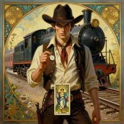 a dramatic ethereal epic symmetrical painting of a handsome villainous cowboy standing in front of railroad tracks with a train locomotive | his shirt is unbuttoned and he has a pocketwatch | tarot card, art deco, art nouveau, ( steampunk ), homoerotic, realistic | by sadao hasegawa and ( ( ( ( alphonse mucha ) ) ) | trending on artstation