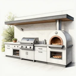 modern outdoor kitchen design with grill and pizza oven, designer pencil sketch, HD resolution