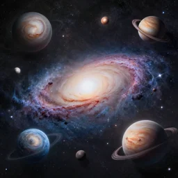 flat lay, knolling of a galaxy. planets, stars, black holes, meteors