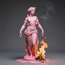 afrodita. beautiful greek sculpture of pink plastic melting / between fire and smoke / studio lighting
