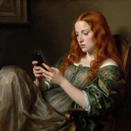 a pre raphaelite painting of jessica chastain lazily looking at her iphone by dante gabriel rossett