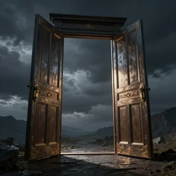 a gigantic door open leading to a dark world