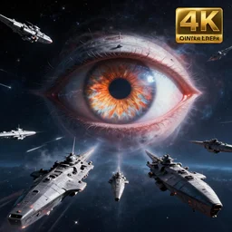 a cosmic eye overseeing dreadnought fleets battle in space, realism, 4k, award-winning art, digital art, cinematic, octane render, nvidia raytracing demo, masterpiece, 4k, artstation