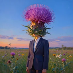 portrait, giant thistle flower under head, a girl in a suit in field of flowers, surreal photography, sunrise, blue sky, dramatic light, impressionist painting, digital painting, artstation, simon stalenhag