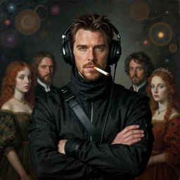 a symmetrical matte portrait of ninja christian bale a greatdj with headphones and a spliff. jaunty bearing. dramatic bokeh. painted, intricate, a portrait of the innermost soul by dave dorman hieronymus bosch, cyril rolando, esher and natalie shau, whimsical, profound, brooding impossible. trending on devaintart,