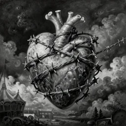 ultra realist soft painting of an heart attached with barbed wires in a curiosity carnival by night, By Tom Bagshaw,  symmetry accurate features, very intricate details, ominous sky, black and white, volumetric light clouds