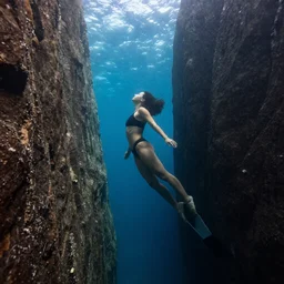 underwater looking up, human woman model swimming in large tall rock trench , toward the sun rays and caustics, film , cinematic, underwater photography, low angle view