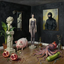 realistic painting of a trashed female artist's apartment, black dripping walls, tall emo catgirl, stone sculpture, a pig, a ninja inside a painting on black walls, pomegranate, bromeliads, octopus, a courgette, 1 6 mm, berries, zen, sensual, surrealist painting by magritte and rousseau and monet