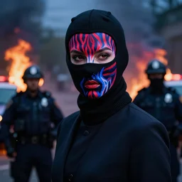 high fashion model, black balaclava!!!!!, balaclava, red and blue zebra facepaint face paint, psychedelic color theme, moody, hyper realistic portrait of burning police officer, made by tristan eaton