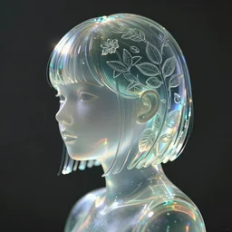 portrait of Uwu the translucent glass person, side fringe haircut, skin is an embossed panel with leaves and flowers, refracting light, caustics, light rays shining through, epic 8k, Zeiss 75mm