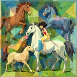 colorful mc escher by anime film studio ghibli tessellation of horse and human highly detailed vibrant colors dynamic shadows ambient occlusion