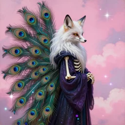 photorealistic painting of a skeleton fox fae character, long fluffy white fur and ears, mage clothes inspired by a melanistic peacock, 9 brilliant peacock tails that shimmer like crow feathers and oil, painted by a master artist, sparkles, pink cloud background, vhs effects, dnd beyond, fae, neon, photo realistic, renaissance, trending on art station
