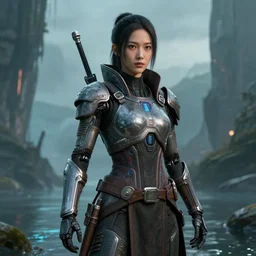 detailed ultrarealistic photography front medium shot of chinese girl, warrior, starwars, fantasy, waterworld, postapocalyptic, cyberpunk cyborg, leyendecker, norman rockwell, artstation cinematic, vray game of thrones, lord of the rings