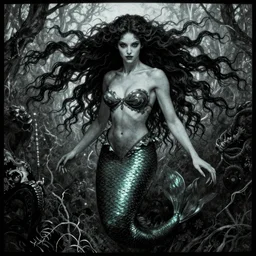 dark evil mermaid with long flowing hair, by N.C. Wyeth, j.c. leyendecker, Bernie Wrightson, face by Otto Schmidt