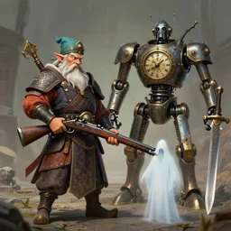 a dwarf artificer holding a musket and a tall clockwork robot holding a sword, golem, steampunk, ming dynasty, chinese fantasy, dungeons and dragons, tabletop rpg, ghostblade, wlop.
