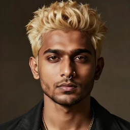 an indian man with a nose ring and bleached blonde hair