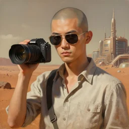 a bald cool anime boy with small sunglasses holding a cinema camera in a martian city, on mars, detailed realistic shirt, detailed realistic face, photorealistic oil painting, digital art, by charlie bowater, by jeremy lipking, by makoto shinkai, octane render