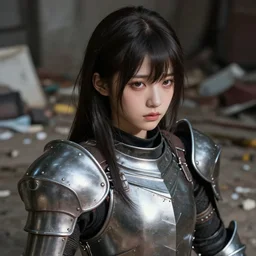 a masterpiece hyperrealistic ultradetailed closeup photograph of a lifelike real human anime girl wearing steel plate armor, surrounded by clutter and mess, made by wlop, trending on artstation, hairs, gorgeous, k - pop, sad, photoreal image, rendered, unreal engine 5, extremely detailed, sharp focus, 4 k