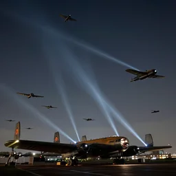 Thousands of WW2 bombers flying over London at night, dropping bombs, search lights illuminating the sky