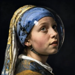 a woman's face in profile, looking up, aerodynamic glass helmet, in the style of the dutch masters and gregory crewdson, dark and moody