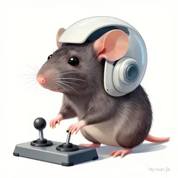 “cutaway illustration of an android head, revealing inside is an anthropomorphic rat operating levers and joysticks. by ruan jia”