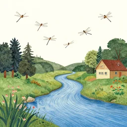 tileable dragonflies darting above a peaceful stream. hand - painted collage cut paper. by eric carle