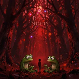 resolution 4k dead of night made in abyss design Akihito Tsukushi dream like storybooks red dead redemption 2 dream like ethereal esoteric pepe the frog family village , dark, red woods Canopy , unnerving , disheartening , lonely , sad ,Luminism, prismatic , fractals , pepe the frog , art in the style of Patrick McHale
