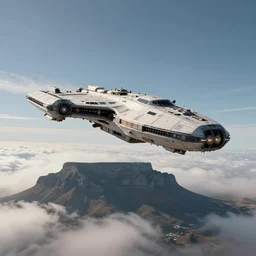 a huge spaceship emerging from the clouds over Table Mountain in South Africa, cinematic, dramatic lighting, 4k, ultra detailed, trending on artstation