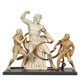 long line-up of laocoon and his sons struggling twisted copper wire, intertwined full body view, cheap plastic toy look, white background
