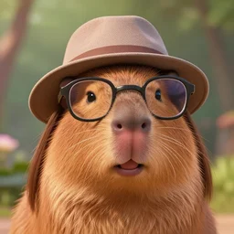 front closeup portrait of the stylish happy furry capibara, hat and lenon glasses, long trimmed hair, fashion editorial photography, cartoon, pixar, disney, lucasfilm, bokeh, photorealistic, highly detailed, extreme details, 5 0 mm, stylized