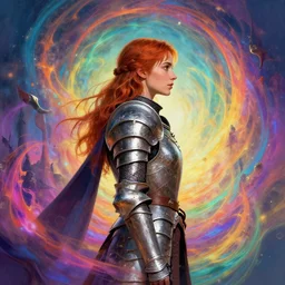 side profile portrait, medium shot, imogen poots, paladin, gloomhaven, armor, colorful swirly magic ripples, fantastical colours, by greg manchess, huang guangjian, sachin teng, greg rutkowski, jesper ejsing, ilya kuvshinov