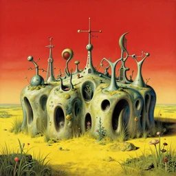 organic structures from the cavities of an arcology located on an alien world where the grassland plants and ground yellow and the skies and red, robert mcrall combined with salvador dali graphical style